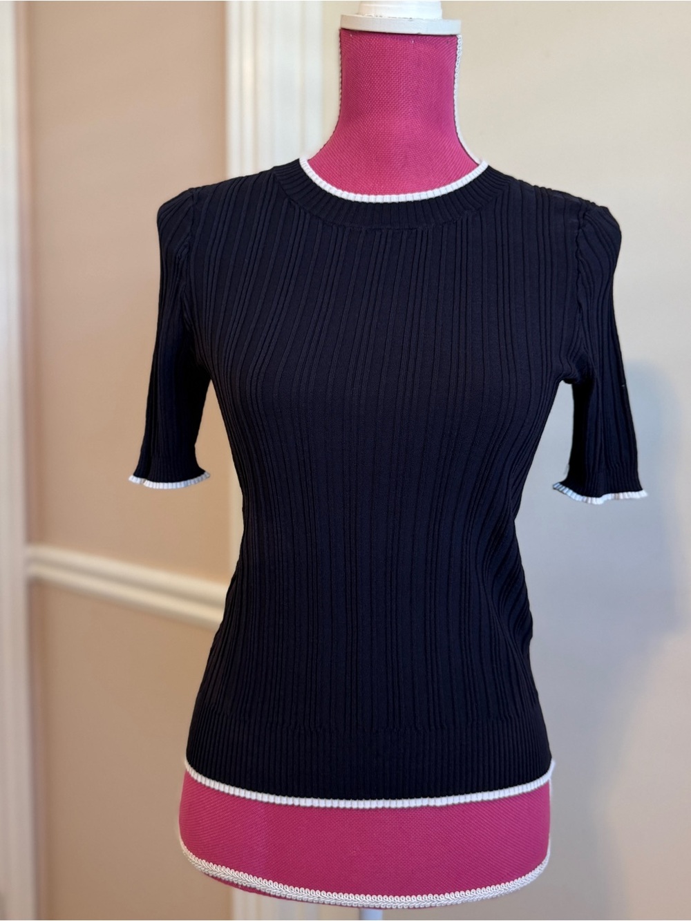 H&M Basics Womens Ribbed Knit Top Size Small Black White Trim Short Sleeve